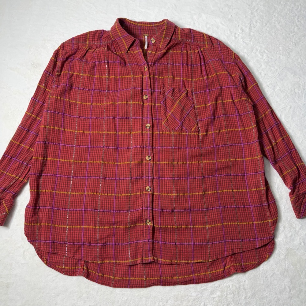 Free People Red Plaid Long Sleeve Shirt Size M‎ Break My Stride Metallic Tunic